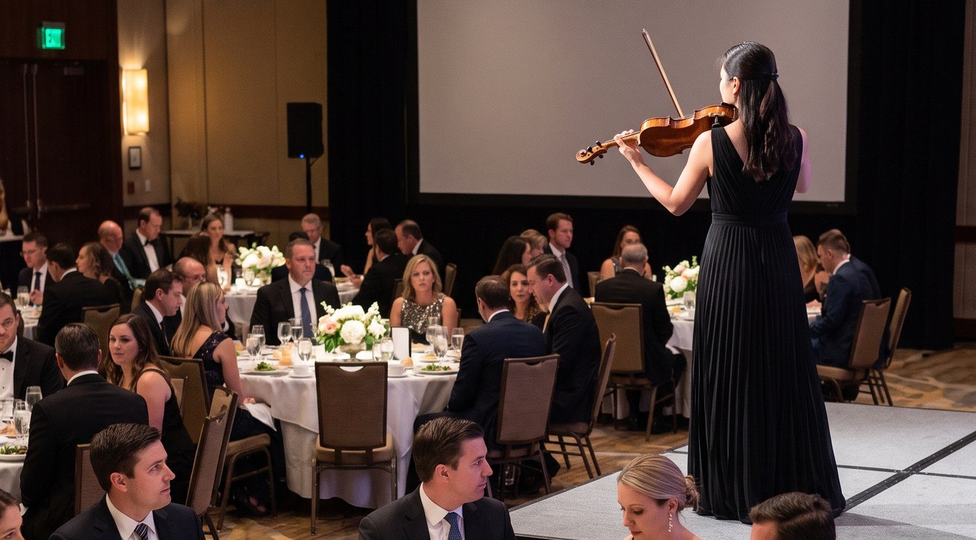 Mari Roes performing violin at a corporate gala dinner